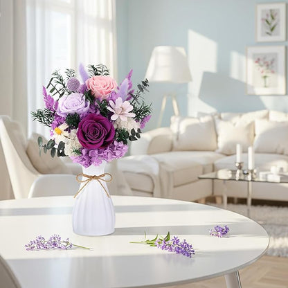Flowers for Delivery Preserved Flowers with Vase That Last 3-5 Years Real Forever Flowers Purple Rose Bouquet for Mom Birthday Thanksgiving Christmas Gift for Women Grandma Wife Friends Her