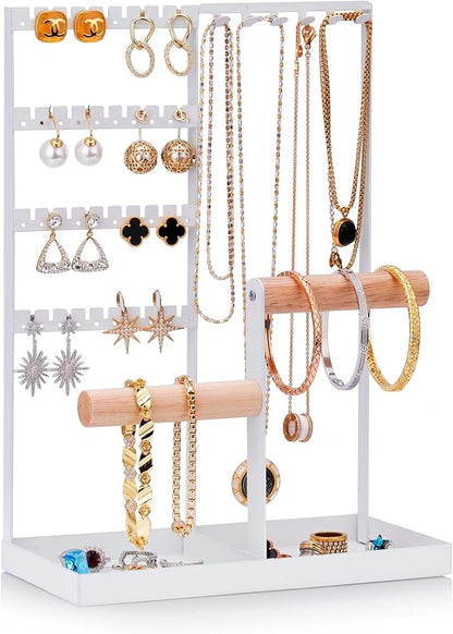 Jewelry Organizer Stand, Jewelry Holder, Necklace Organizer Box for Necklace Bracelet Earring Ring, White Metal Frame for Vanity Tabletop Decor