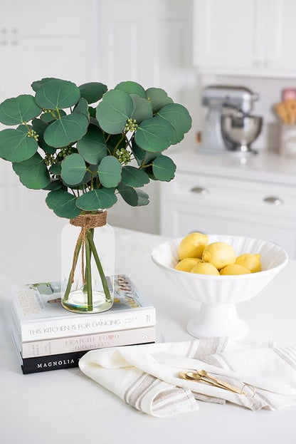 Briful Artificial Eucalyptus Stems in Clear Glass Vase with Faux Water, 14" Fake Plant Eucalyptus Leaves for Home Office Farmhouse Wedding Centerpiece Décor