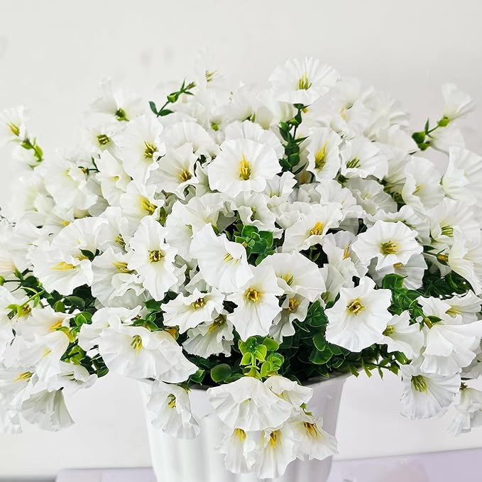 Artificial Silk Flowers for Outdoor Decoration,12 Bundles Faux Flowers Colorful Morning Glory with Eucalyptus Fake Plants Greenery UV Resistant for Outside Front Door Planter Porch Patio Yard