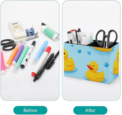 Leather Desk Pen Container Large Table Pencil Holder Makeup Brush Storage Yellow Rubber Ducks Bubbles