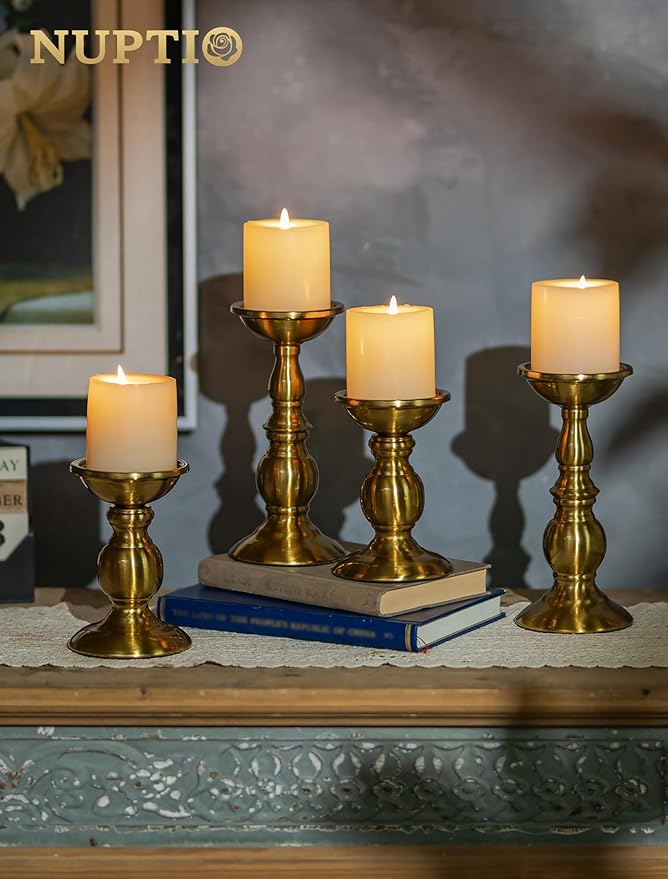 NUPTIO Gold Candle Holder for Table: Brass Pillar Candle Stand Decorative for Fireplace Decor - Metal Vintage Candleholder for Christmas New Year Party Centerpiece(2 x S)
