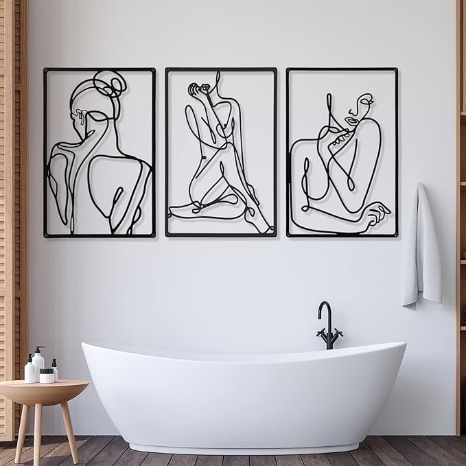 CHENGU 3 Pieces Metal Minimalist Abstract Woman Wall Art Line Drawing Wall Art Decor Single Line Female Home Hanging for Kitchen Bathroom Living Room