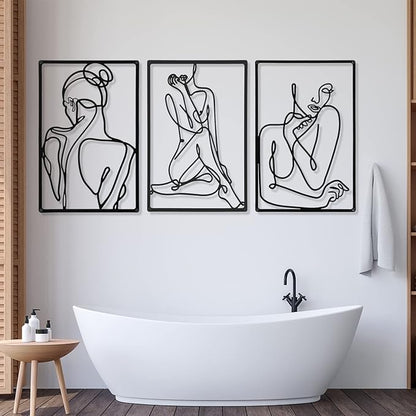 CHENGU 3 Pieces Metal Minimalist Abstract Woman Wall Art Line Drawing Wall Art Decor Single Line Female Home Hanging for Kitchen Bathroom Living Room