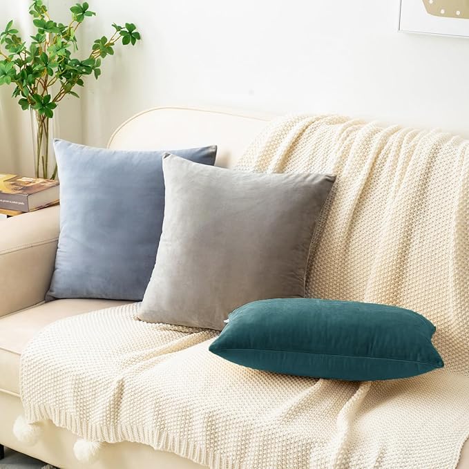 HWY 50 Ocean Blue Velvet Throw Pillow Covers 20x20 Inch, Pack of 2 Soft Cozy Solid Decorative Luxury Cushion Cases for Couch Sofa Bed Living Room Bedroom