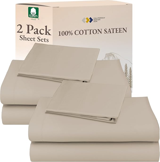 California Design Den 100% Cotton 2-Pack Twin XL Sheet Sets, Soft & Durable Extra Long Twin Sheet Sets with Deep Pockets, Twin XL Sheets with Sateen Sheets - Beige (Warm Taupe)