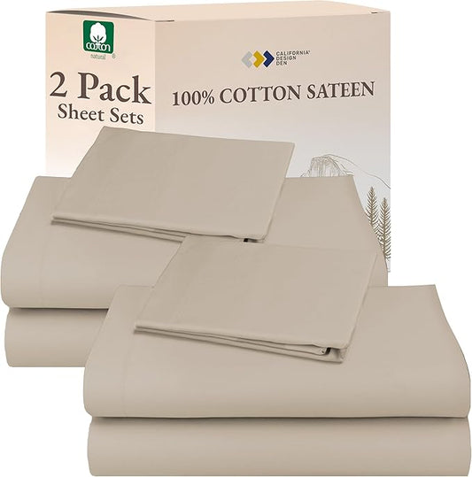 California Design Den 100% Cotton 2-Pack Twin XL Sheet Sets, Soft & Durable Extra Long Twin Sheet Sets with Deep Pockets, Twin XL Sheets with Sateen Sheets - Beige (Warm Taupe)