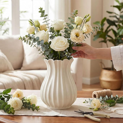 Large White Vintage 9 Inch Pleated Ceramic Vase Sour Cream Stylish Decorative Flower Vase for Bouquet Home Farmhouse Living Room Cabinet Table Centerpieces Kitchen Shelf Wedding Decorations