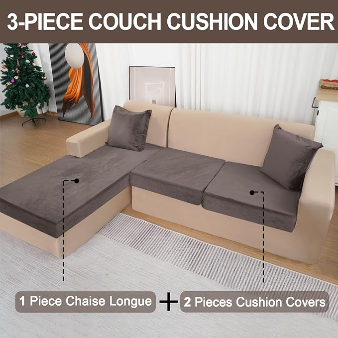Sectional Couch Covers for 3-Piece Seat Cushion Velvet Separate L Shape Couch Cover Stretch Sofa Slipcover with 2 Pieces Pillowcases Furniture Protector (Sofa 2 Seater + 1 Chaise, Coffee)