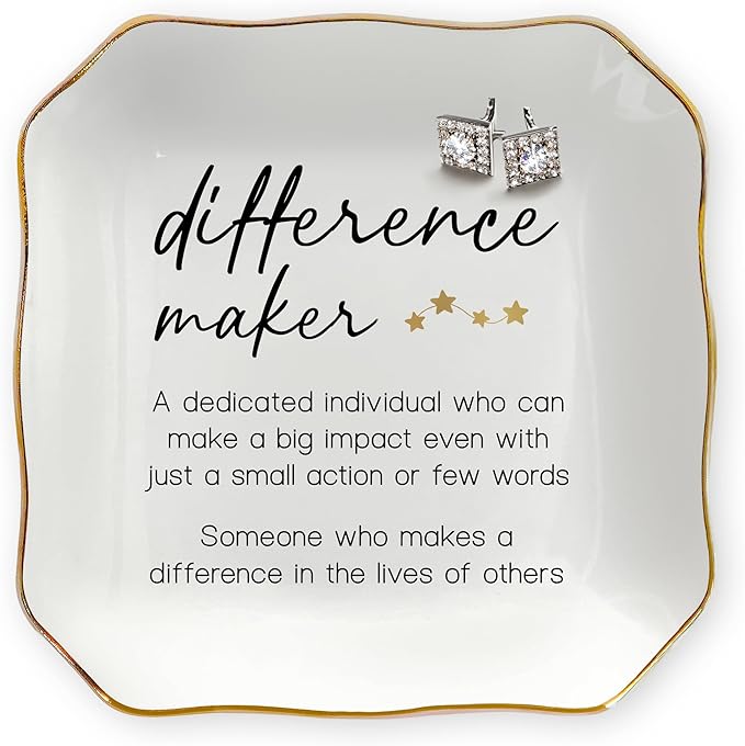 OASSIE Christmas Birthday Gifts for Women - Difference Maker 4"x4" Ceramic Jewelry Dish Tray - Appreciation Thank You Gifts for Women Teacher Coworkers Employee Boss, Retirement Gift for Woman