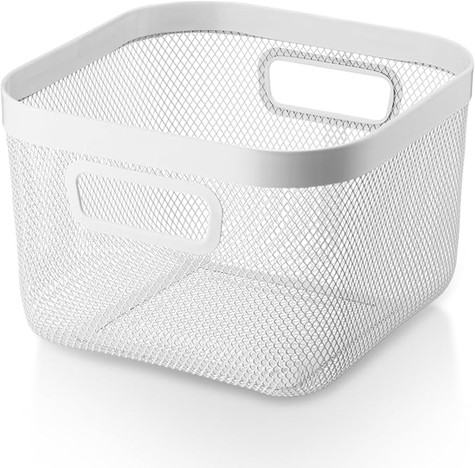 1 Pack Metal Mesh Basket with Hollow Handles White Wire Storage Bin for Organizing Stackable Metal Fine Mesh Basket for Pantry Bathroom Kitchen Cabinets Shelves (Medium)