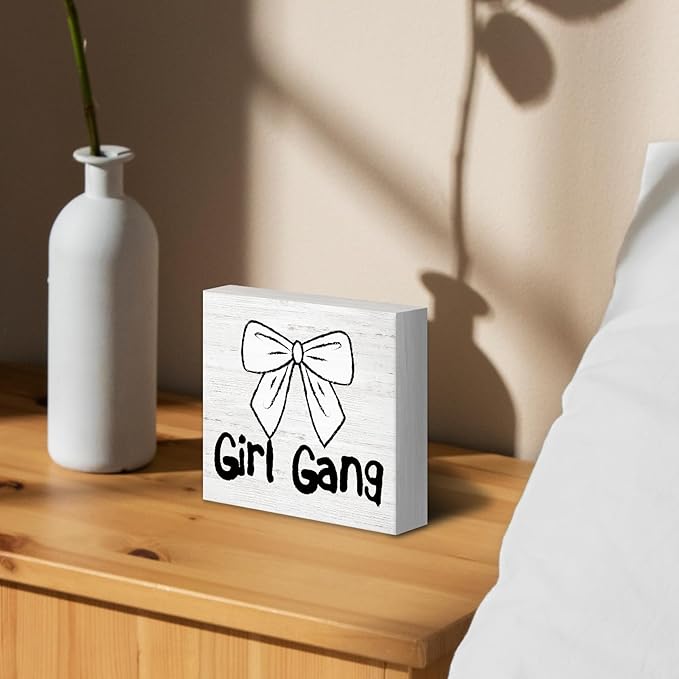 Coquette Trendy Bow Wood Box Sign Desk Decor, Preppy Girl Gang Decor, Girly Balletcore Wooden Block Sign Decorations for Home Girly Bedroom College Dorm Living Room Wall Tabletop Shelf Decor