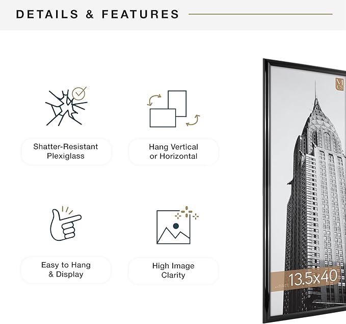 MCS Trendsetter 13.5x40 Poster Frame Black High-Gloss, Vertical & Horizontal Wall Hanging Large Picture Frame for Photos, Posters & Art Prints (2-Pack)