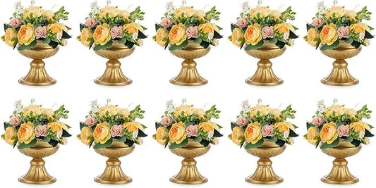 Nuptio Gold Vases for Centerpieces - 10 Pcs, 6.5in Height Metal Urn Planter Elegant Wedding Centerpieces for Tables - Trumpet Vase for Weddings and Party Decoration