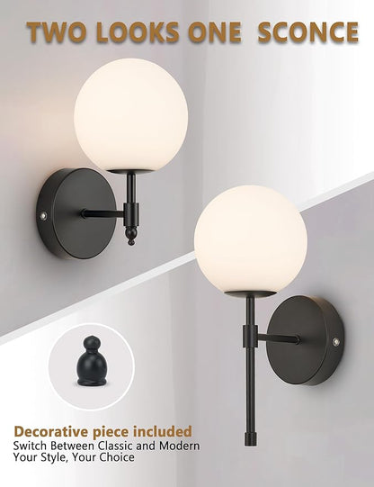 Battery Operated Globe Wall Sconces Set of 2, Black Wireless Wall Lights with Remote Control, Rechargeable 3 Color Stepless Dimming Modern Wall Decor Lamp for Bedroom Living Room Hallway