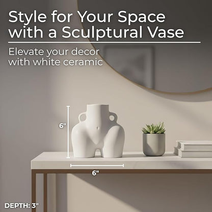 Sagebrook Home Modern Glam Decorative Vase - Unique Body Shape Design - Stoneware Ceramic - Stylish Home & Office Accent - Perfect for Living Room, Bedroom, or Desk - 6" White