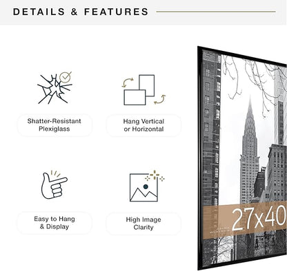 MCS Trendsetter Movie Poster Frame 27x40 Black High-Gloss, Vertical & Horizontal Wall Hanging Large Picture Frame for Photos, Artwork & Custom Posters (1-Pack)