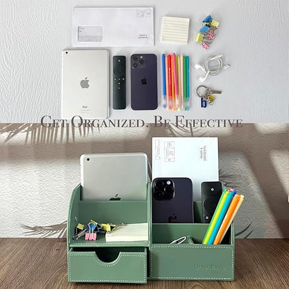 UnionBasic Desk Organizer, Multi-functional Leather Desktop Office Organizer, Pen Holder - Business Card/Pen/Pencil/Mobile Phone/Stationery Holder Storage Box, Malachite Green