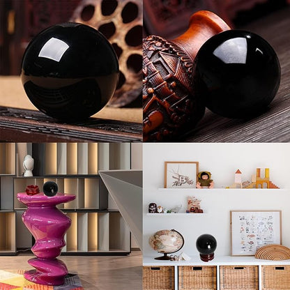 JIC Gem Small Black Obsidian Sphere Ball with Wooden Stand for Fengshui Healing Crystal Decoation Meditation Ball (2.2", 55mm)