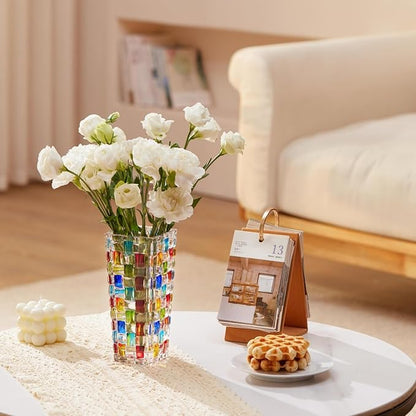 Hand Woven Colorful Glass Flower Vase - 7.7 Inch Mosaic Crystal Vase for Flowers, Unique Stained Glass Vase for Centerpieces, Weddings, Home Decor & Gifts for Women