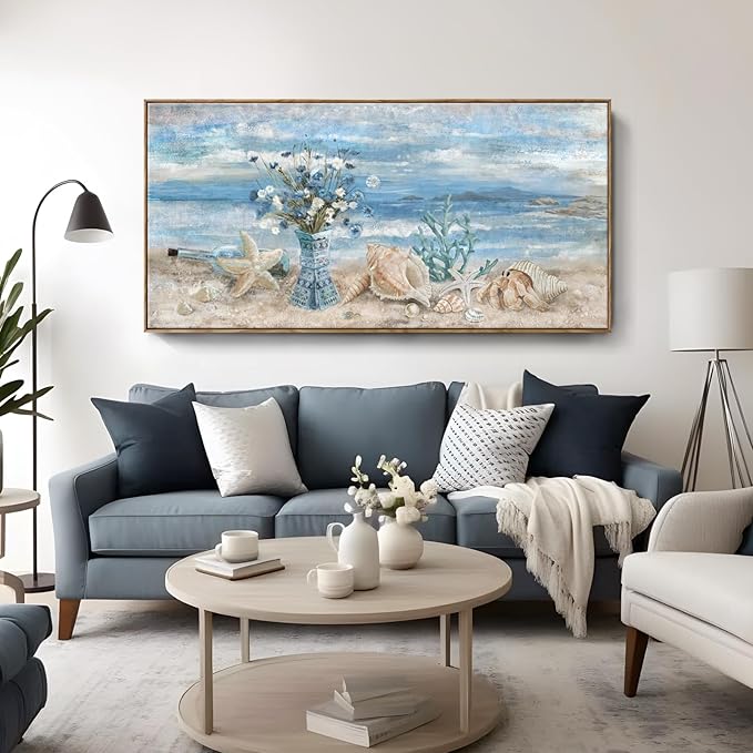 Large Canvas Framed Wall Art for Bedroom Blue Ocean Theme Seaside Home Decor Flower in Indian Vase Beach Picture Coastal Landscape Abstract Seascape Artwork Sea View Painting Print 60" W x 30" H