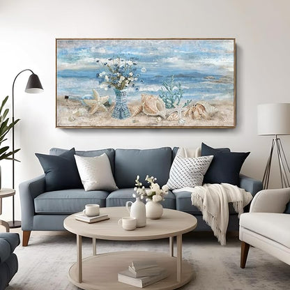 Large Canvas Framed Wall Art for Bedroom Blue Ocean Theme Seaside Home Decor Flower in Indian Vase Beach Picture Coastal Landscape Abstract Seascape Artwork Sea View Painting Print 60" W x 30" H