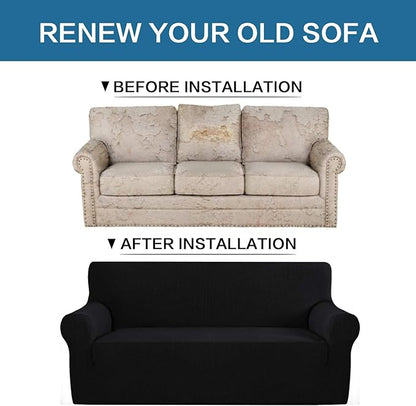 H.VERSAILTEX Stretch Couch Cover Slip Covers for Sofas/Couches 2 Cushions Pet Couch Covers for Sofa 1 Piece with Elastic Bottom, Textured Checked Jacquard Fabric(Loveseat 58"-70" Wide, Black)