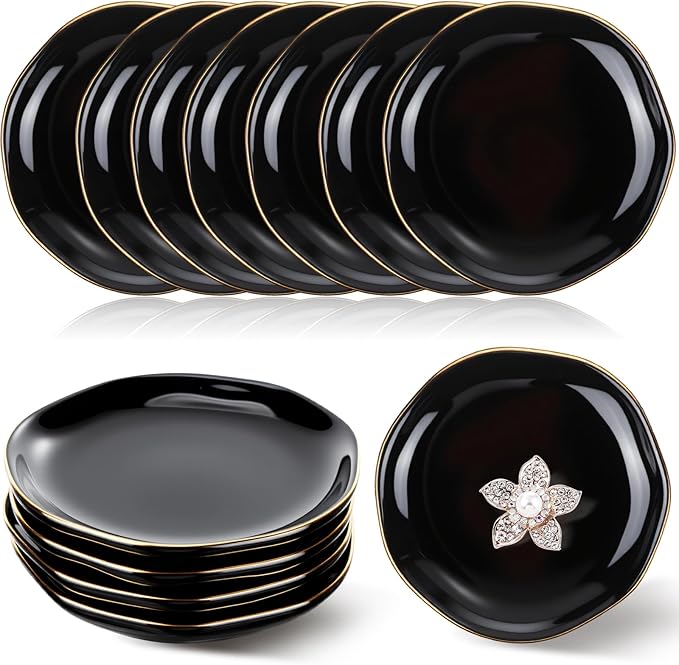 Shappy 12 Pcs Christmas Ceramic Jewelry Tray Gift 4.5 Ring Dish Bulk Decorative Trinket Dish for Birthdays Gift (Black)