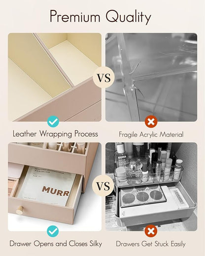 Vlando Makeup Organzier,Vanity Organizer with Drawers, PU Leather Skincare Organizer Perfume Organizer,Large Cosmetic Display Case for Lipstick,Brushes Gifts for Women-Toffee