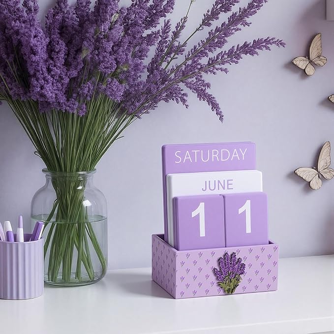 Purple Lavender Wood Block Perpetual Calendar Coquettish Desk Decor Cute Month Week Date Display Decorative Block Calendar for Women Office Home Desk Gift for Women