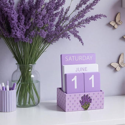 Purple Lavender Wood Block Perpetual Calendar Coquettish Desk Decor Cute Month Week Date Display Decorative Block Calendar for Women Office Home Desk Gift for Women