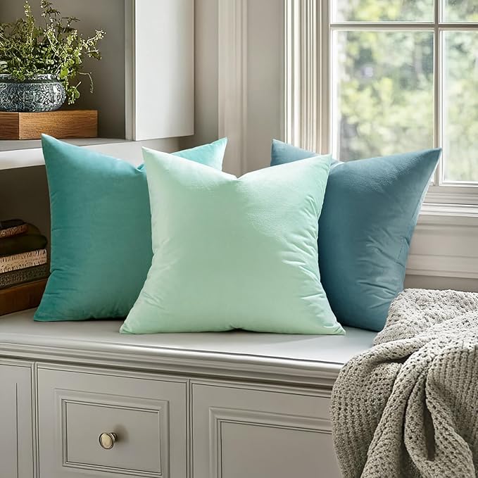 MIULEE Velvet Throw Pillow Covers 16x16 Inch, Pack of 2 - Aqua Green, Soft Solid Decorative Pillow Covers Cushion Cases Modern Luxury Home Decor for Spring Couch Sofa Bedroom Livingroom