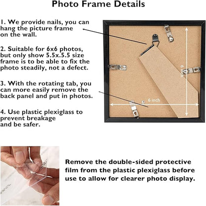 6x6 Picture Frame Set of 2 for Wall Hanging or Tabletop, 6 x 6 Square Wall Gallery Poster Photo Frame with Shatter Resistant Plexiglass, 2 Pack, Black