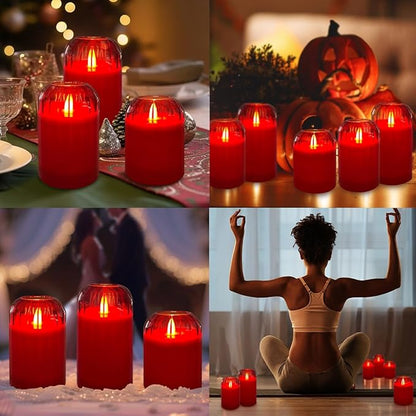 Rechargeable Flameless Candle, Flashing LED Pillar Real Wax Candle with Remote Control and Timer, Red Glass Electronic Candles for Room Decoration, 1 Set of 3