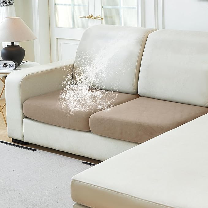 NAISI Waterproof Couch Cushion Covers Thick Velvet Fabric Washable Sofa Slipcovers 2 Pieces Individual Sectional Couch Covers with Elastic Bottom(2 Pcs for 2-Seat or Backrest,Sand)