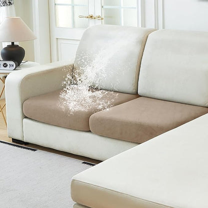 NAISI Waterproof Couch Cushion Covers Thick Velvet Fabric Washable Sofa Slipcovers 2 Pieces Individual Sectional Couch Covers with Elastic Bottom(2 Pcs for 2-Seat or Backrest,Sand)