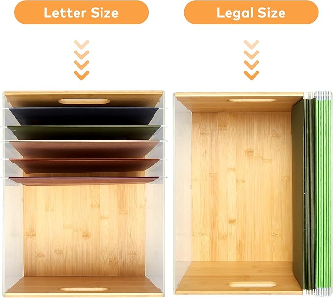 Letter/Legal Bamboo Acrylic File Box Organizer, Hanging File Folder Storage Boxes, Decorative Document Crate Transparent Filing Bin with Handle for Home Office Desk