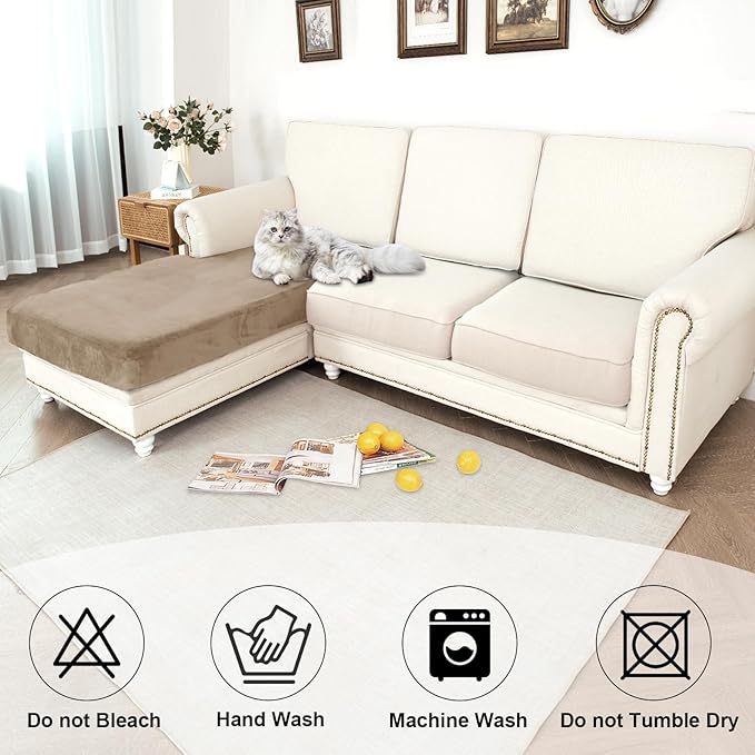 NAISI Waterproof Couch Cushion Covers Thick Velvet Fabric Washable Sofa Slipcovers 1 Piece Individual Sectional Couch Covers with Elastic Bottom(1 PC for Chaise Lounge,Sand)