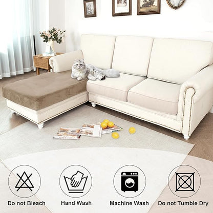 NAISI Waterproof Couch Cushion Covers Thick Velvet Fabric Washable Sofa Slipcovers 1 Piece Individual Sectional Couch Covers with Elastic Bottom(1 PC for Chaise Lounge,Sand)