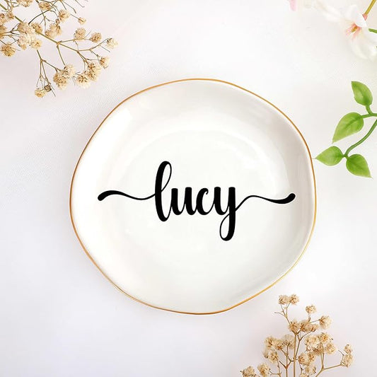 JoycuFF Lucy Personalized Name Ceramic Jewelry Tray, Mothers Day Christmas Anniversary Engagement Birthday Gifts for Women Couples, Trinket Dish for Rings Earrings Necklaces Bracelets Keys