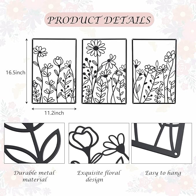 OYEFLY 3 Pcs Metal Flower Wall Decor,Minimalist Flower Wall Decors,Rustic Farmhouse Decor (Black)
