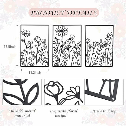 OYEFLY 3 Pcs Metal Flower Wall Decor,Minimalist Flower Wall Decors,Rustic Farmhouse Decor (Black)
