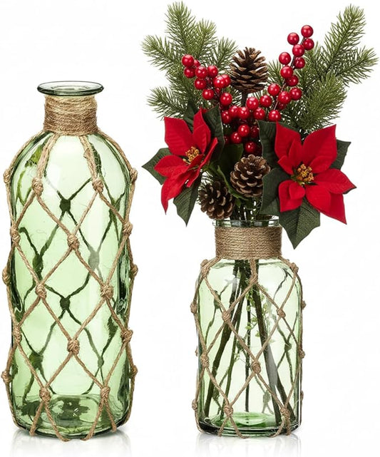 Chuangdi Set of 2 Coastal Glass Vases Christmas Vases for Flowers with Boho Rope Christmas Centerpieces for Tables Small Beach Bottle for Nautical Wedding Floral Arrangement Decorations(Green)