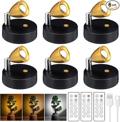 Hortsun 6 Pcs Mini Rechargeable Spotlights with 3 Remote Control Indoor Plant Wireless LED Spot Lights Rotatable Dimmable Accent Picture Lights for Wall Artwork Painting Display (Gold)