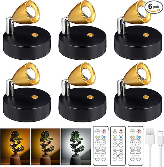 Hortsun 6 Pcs Mini Rechargeable Spotlights with 3 Remote Control Indoor Plant Wireless LED Spot Lights Rotatable Dimmable Accent Picture Lights for Wall Artwork Painting Display (Gold)