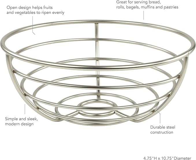 Spectrum Diversified Euro Fruit Bowl & Produce Basket Modern Countertop Food Storage for Fruits & Vegetables, Sleek Design with Sturdy Steel Construction,Silver