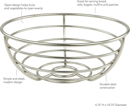 Spectrum Diversified Euro Fruit Bowl & Produce Basket Modern Countertop Food Storage for Fruits & Vegetables, Sleek Design with Sturdy Steel Construction,Silver