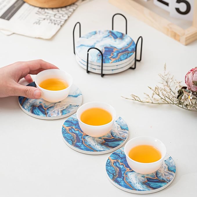 Ceramic Drink Coasters Set of 6 with Holder, Modern Marble Absorbent Ceramic Coasters, Round Ceramic Table Coasters for Home Decor Coffee Kitchen (4 Inches), Sky Blue