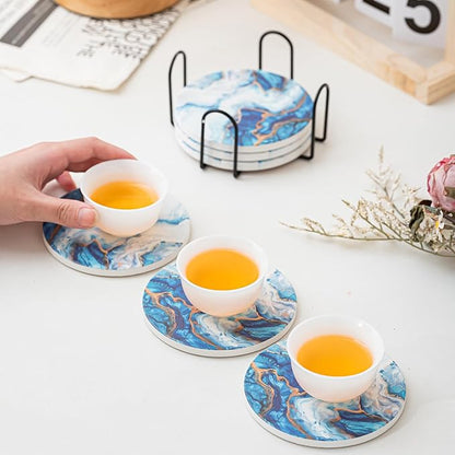 Ceramic Drink Coasters Set of 6 with Holder, Modern Marble Absorbent Ceramic Coasters, Round Ceramic Table Coasters for Home Decor Coffee Kitchen (4 Inches), Sky Blue