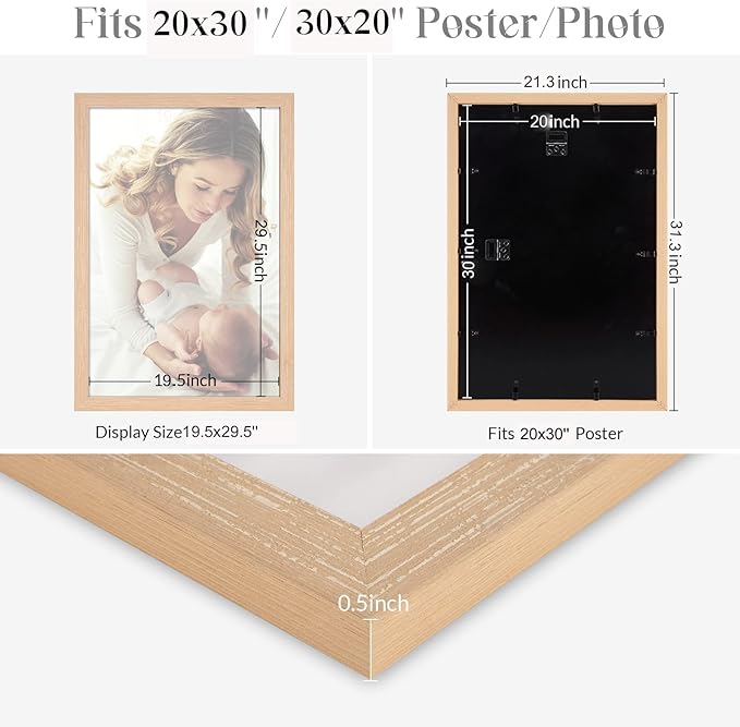 20x30 Frame Natural Woodgrain, 30x20 Picture Poster Frame, Horizontal Vertical Hanging, Large 20 by 30 Gallery Family Concert Portrait Photo Frame Anniversary/Birthday/Wedding/Thank you/Christmas Gift
